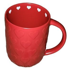 Valentines‎ Day Red Ceramic Coffee Mug Embossed And Printed Hearts Around  16 Oz